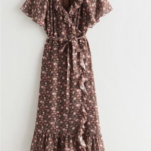 & Other Stories brown&pink Ruffled midi wrap dress size 4 IMO more of a 4-6 size